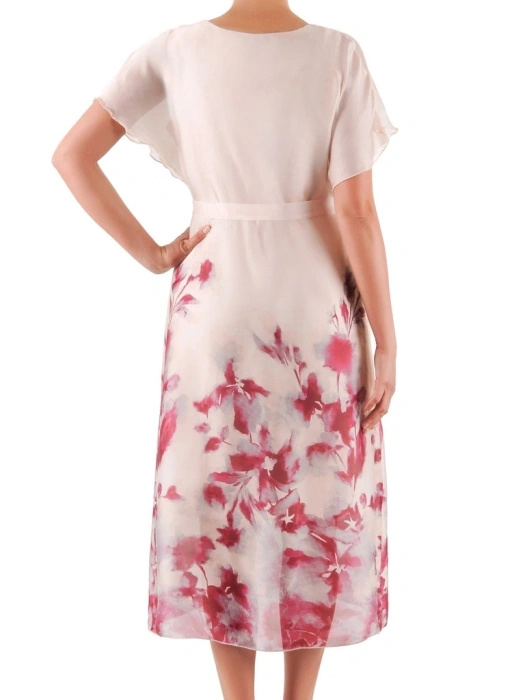 Elegancka sukienka trapezowa midi w kwiaty – modny krój z paskiem podkreślającym talię 39854