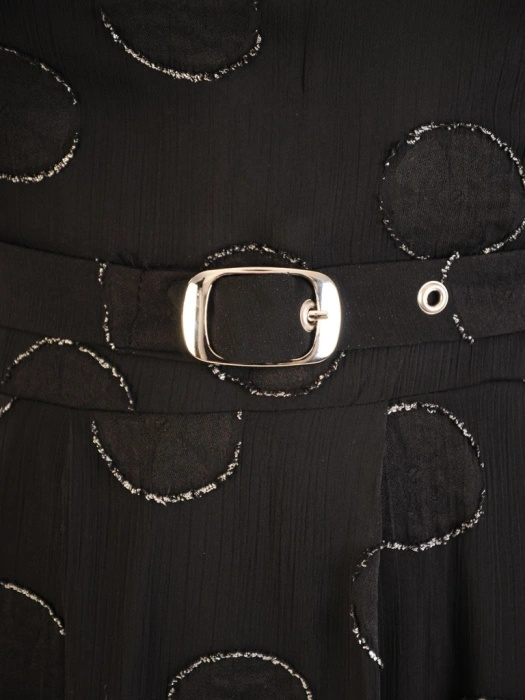 Czarno-srebrna sukienka midi z długim rękawem – rozkloszowany fason w koła z paskiem w talii 34952