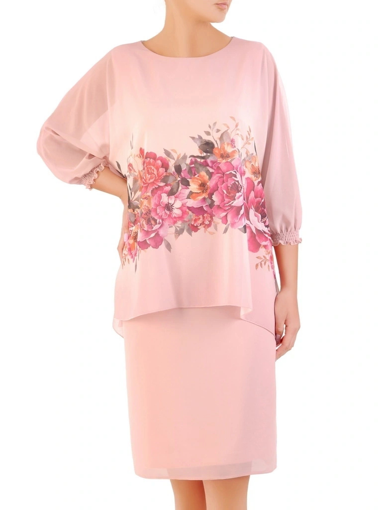 Elegancka sukienka wizytowa w kwiaty – prosty fason midi tuszujący sylwetkę z rękawem kimono 33014