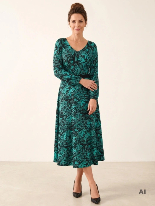 Elegancka sukienka rozkloszowana w zielony wzór – modelujący krój z długim rękawem 42530