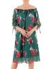Elegancka sukienka midi w kwiaty z falbaną – prosty krój z paskiem modelującym sylwetkę 36399