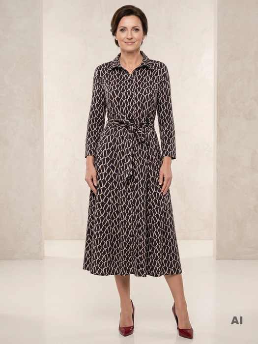 Elegancka czarna sukienka maxi rozkloszowana – stylowy fason z kołnierzykiem i paskiem w talii 38630