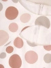 Elegancka beżowa sukienka w grochy na lato – trapezowy krój z ozdobną falbaną i wiązaniem 38238
