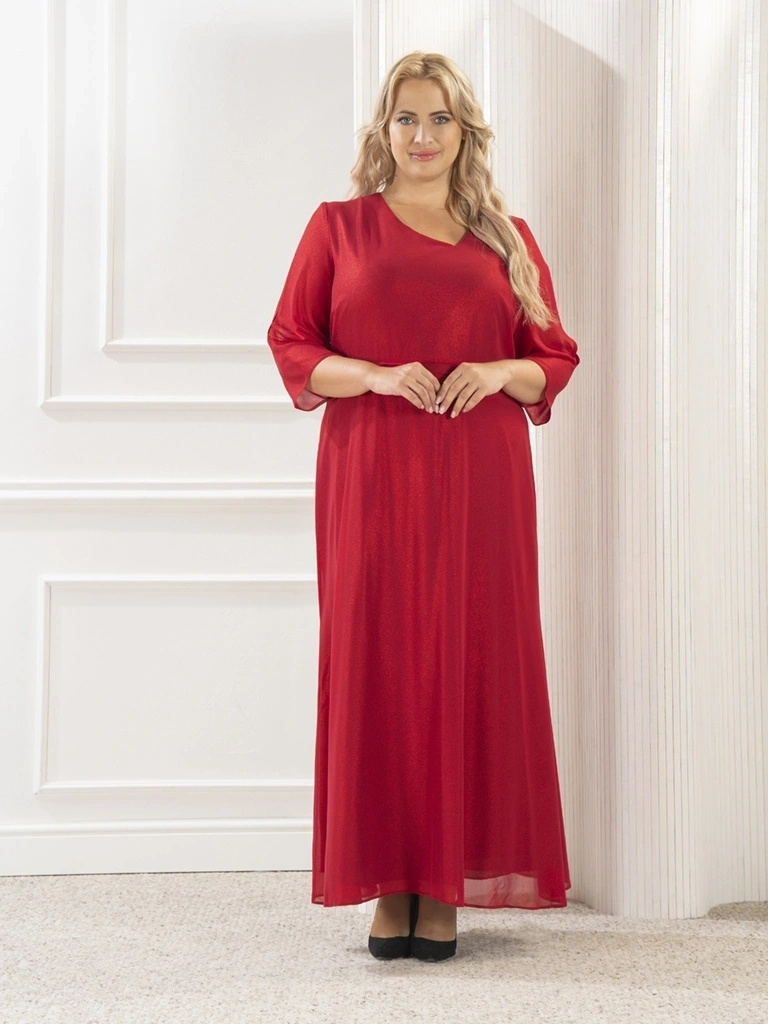 Czerwona sukienka rozkloszowana maxi na wesele – imitacja paska i dekolt w serek wysmuklający sylwetkę 35158