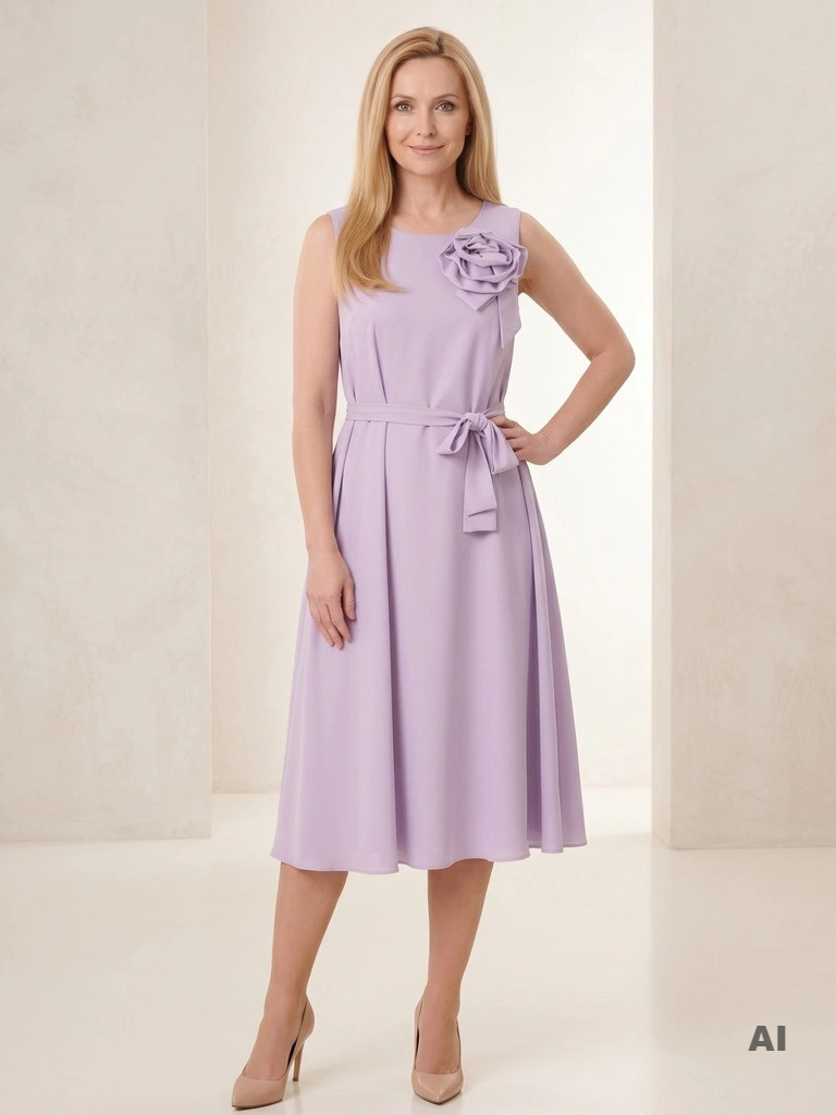 Elegancka fioletowa sukienka trapezowa midi – swobodny fason z ozdobnym kwiatem w pasie 39547