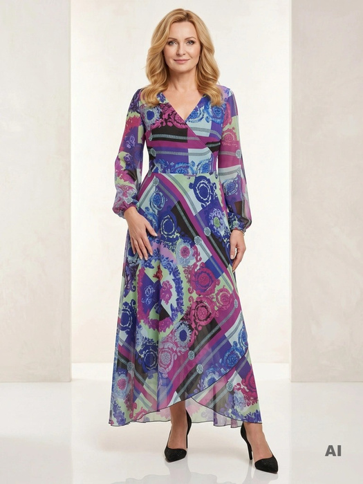Elegancka wzorzysta sukienka maxi – kopertowy krój z wiązaniem podkreślającym talię 34541