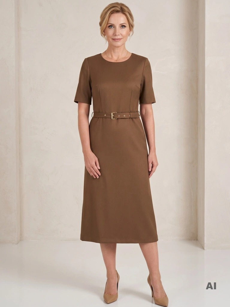 Elegancka brązowa sukienka rozkloszowana midi – kobiecy fason z paskiem modelującym figurę 40361