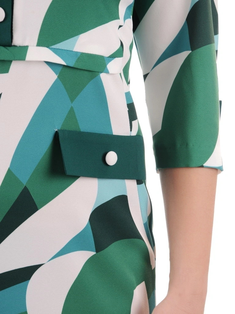 Zielona sukienka midi w geometryczny print – tuszujący prosty krój z ozdobnymi patkami 35505