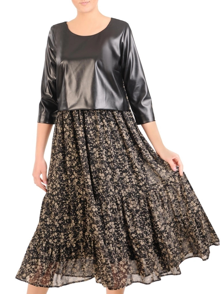 Elegancka sukienka rozkloszowana w kwiaty – kobiecy fason midi z rękawem 3/4 31637