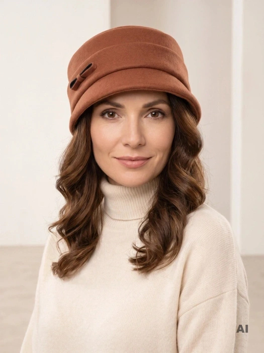 Stylowy kapelusz damski cloche w kolorze rudym – ocieplana podszewka i regulacja obwodu 42443