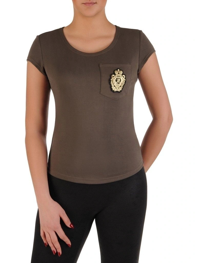 Elegancka bluzka damska khaki z krótkim rękawem – prosty fason z ozdobną kieszonką 11843