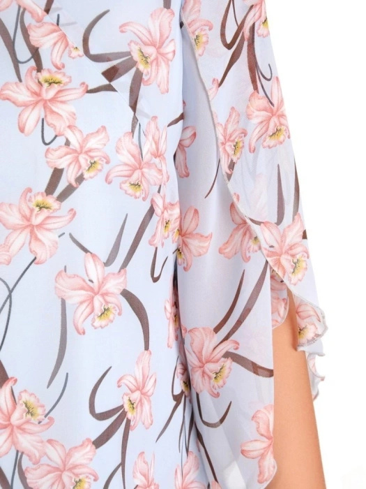 Elegancka sukienka trapezowa w kwiaty midi – tuszujący fason z rozciętymi rękawami 30185