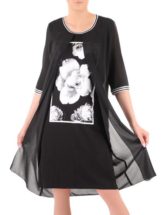 Czarna, dzianinowa sukienka z ozdobną szyfonową narzutką 36178