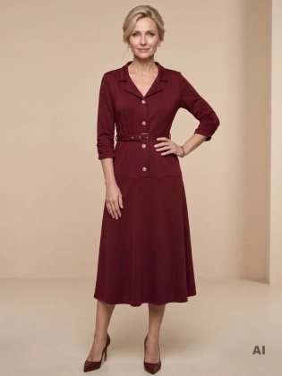 Elegancka bordowa sukienka maxi z paskiem – rozkloszowana kreacja z kołnierzem akcentująca talię 40297