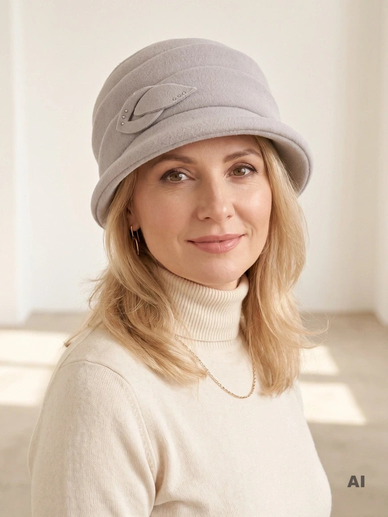 Szary kapelusz damski cloche w stylu retro – elegancki model z krótkim rondem, ozdobną wstawką i cyrkoniami 40912