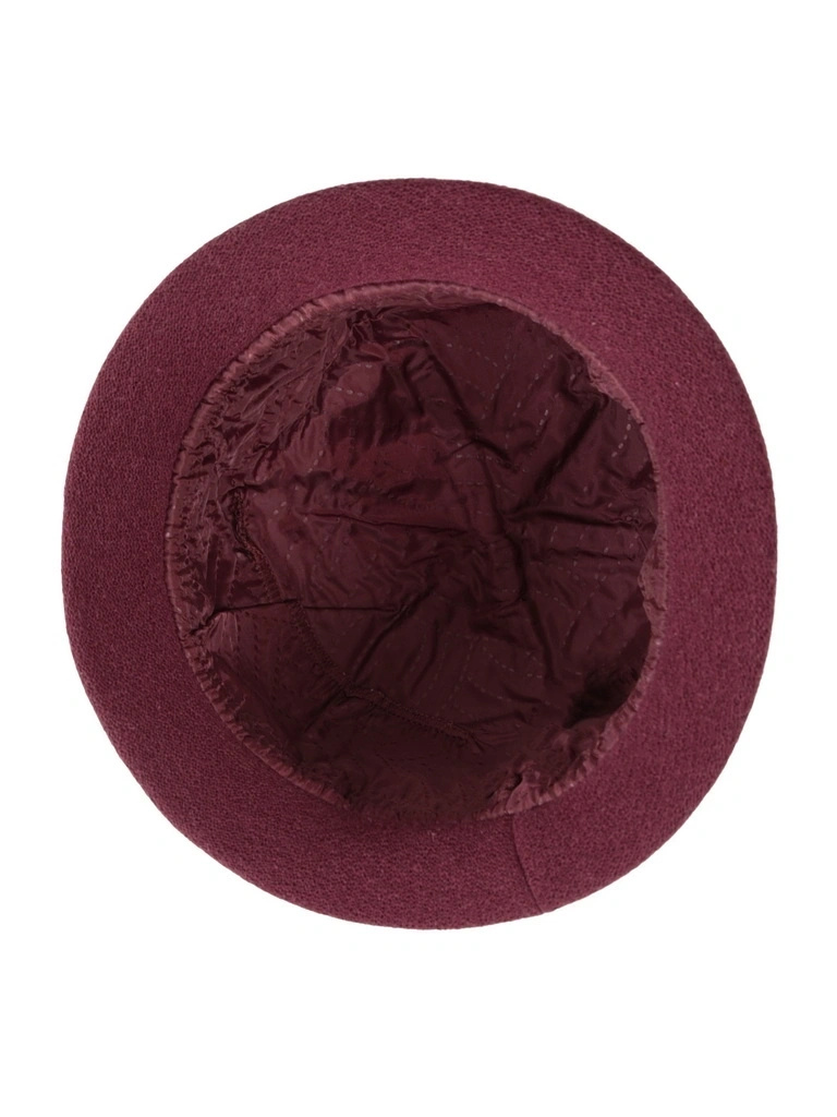 Elegancki kapelusz damski zimowy cloche – bordowy fason z regulacją i ozdobnym kwiatem 42385