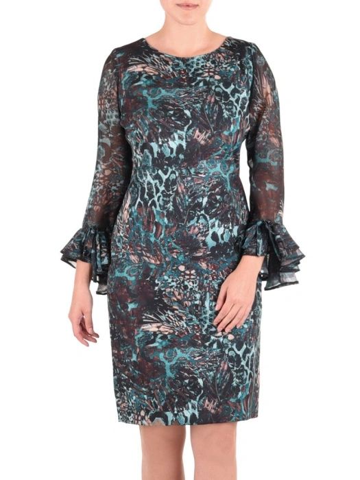 Zielona sukienka midi we wzór z długim rękawem – prosty fason z ozdobnym wiązaniem 31186