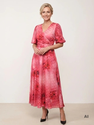 Czerwona sukienka maxi z szyfonu – elegancka sukienka w kwiaty z kopertowym dekoltem i bufkami, idealna na wesele 40208