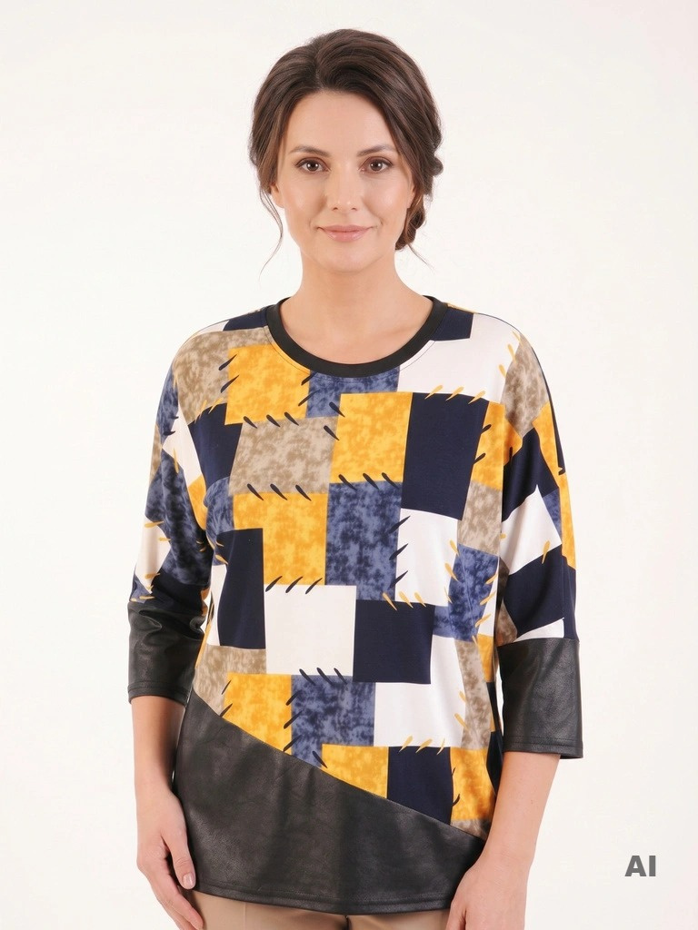 Wielobarwna bluzka damska z ekoskórą w modny patchwork – fason kimono, maskujący talię i wysmuklający plecy 32505