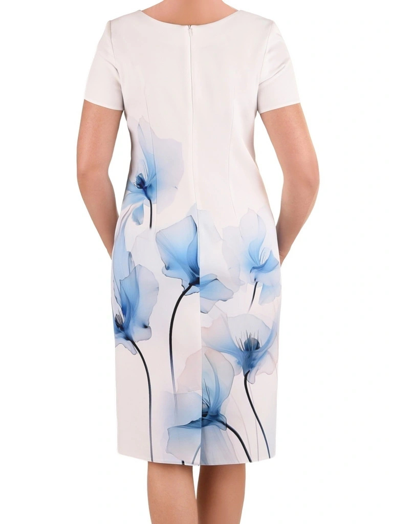 Elegancka sukienka damska midi w kwiaty – prosty krój z kobiecym dekoltem na plecach 41496