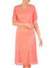 Koralowa sukienka z koronki, kreacja w modne grochy 29713