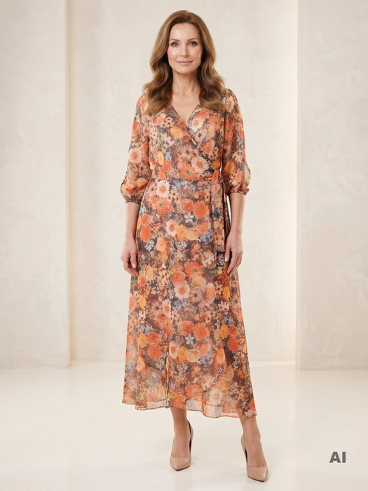 Elegancka sukienka rozkloszowana w jesienne kwiaty – kobiecy krój midi z bufiastym rękawem 35817