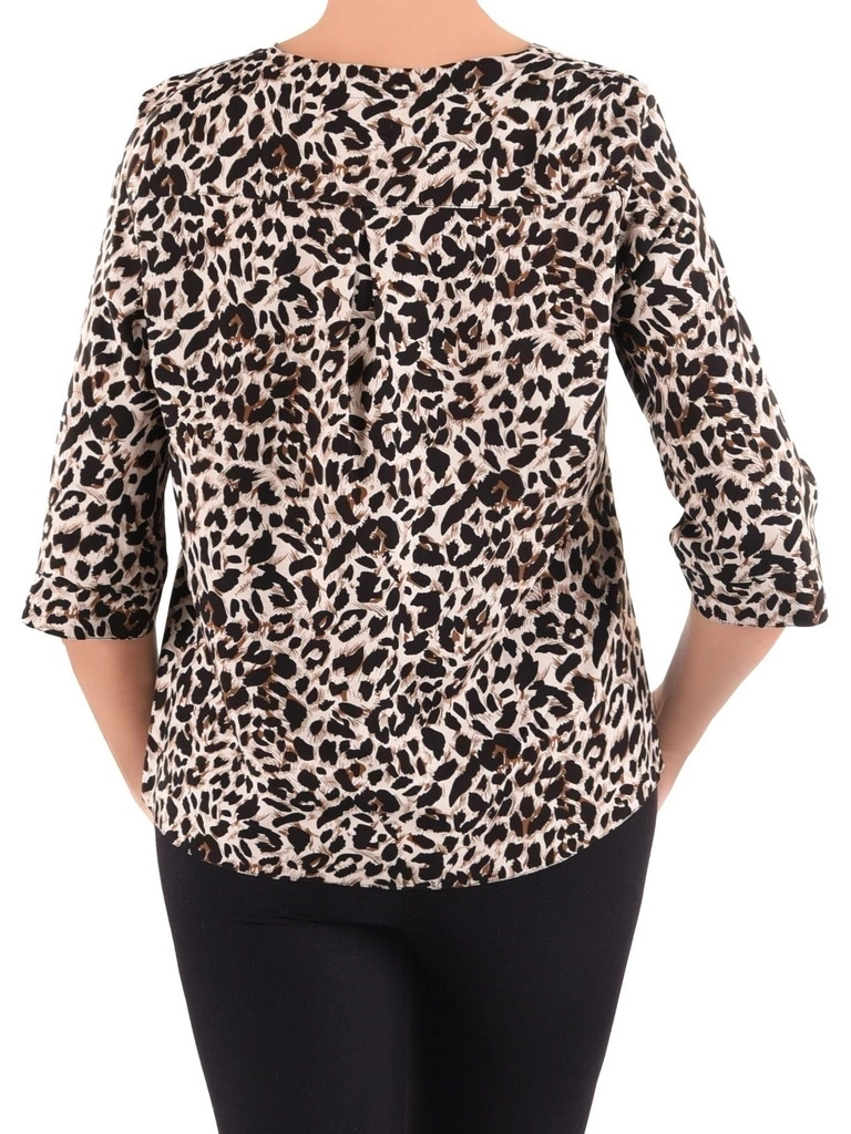 Elegancka bluzka plus size w panterkę z dekoltem V – luźny krój z rękawem 3/4, idealna na letnie dni 40845