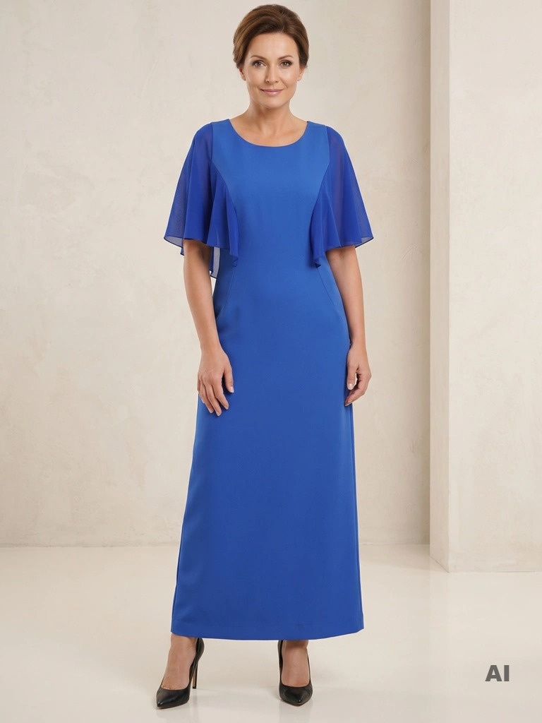 Elegancka chabrowa sukienka maxi na przyjęcia – prosty fason z kobiecym rozcięciem 38637