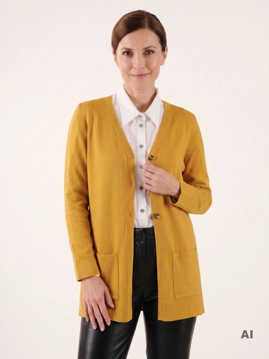 Elegancki sweter damski rozpinany musztardowy – prosty fason z dekoltem w serek na chłodne dni 38913