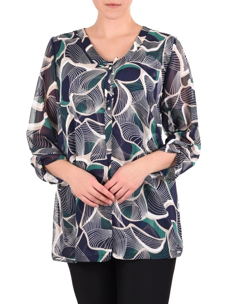 Granatowa tunika plus size z abstrakcyjnym wzorem – luźny fason z szyfonem i efektem narzutki 41085