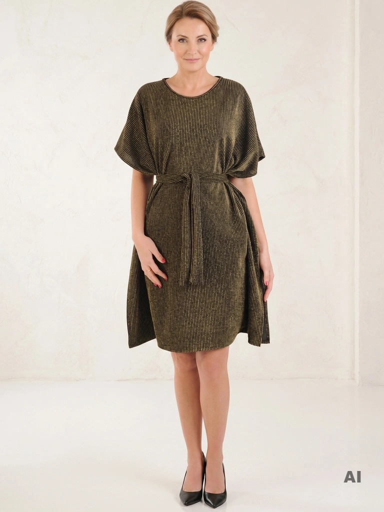 Elegancka sukienka mini oversize w złote paski – kimonowy fason z wiązaniem w talii 31398