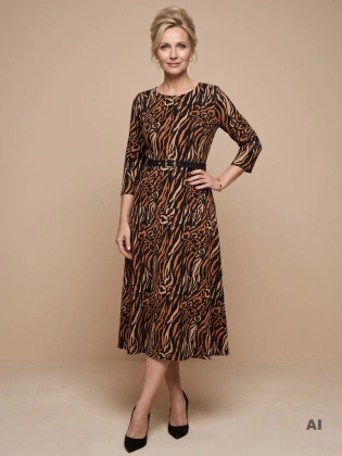 Pomarańczowa sukienka rozkloszowana maxi – stylowy zwierzęcy print z paskiem podkreślającym talię 40435