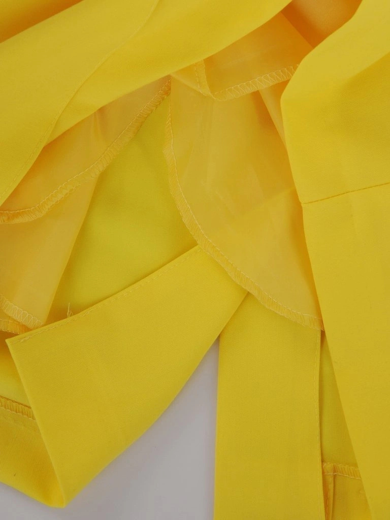 Elegancka żółta sukienka midi o prostym kroju – kopertowy dekolt i maskujące zakładki 15681