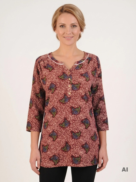 Elegancka bordowa tunika wiskozowa we wzory – prosty fason z ozdobnymi guzikami 23947