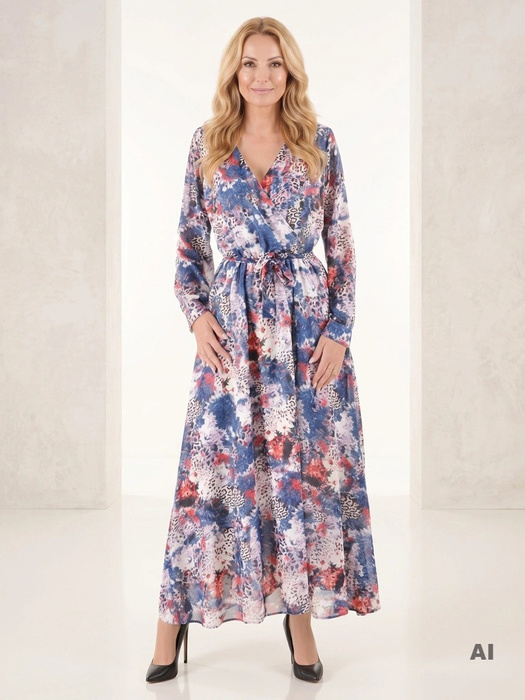 Elegancka sukienka rozkloszowana maxi we wzory – wysmuklający fason z długim rękawem 38022