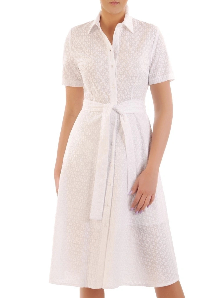 Biała rozkloszowana sukienka midi w kwiaty – wyszczuplające zaszewki i pasek w talii 33174