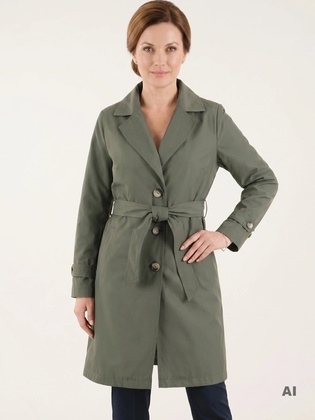 Elegancki płaszcz damski trencz khaki z kołnierzem – pasek akcentujący talię na jesień 39409