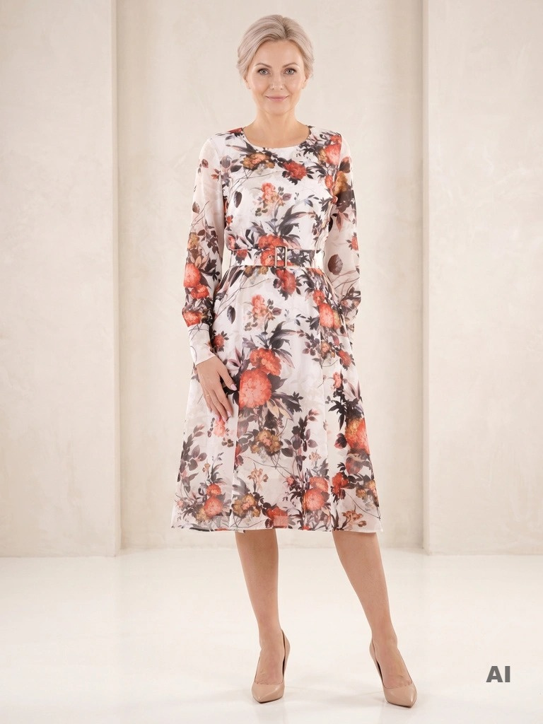Letnia sukienka rozkloszowana midi w kwiaty – pasek zgrabnie modeluje sylwetkę 35986