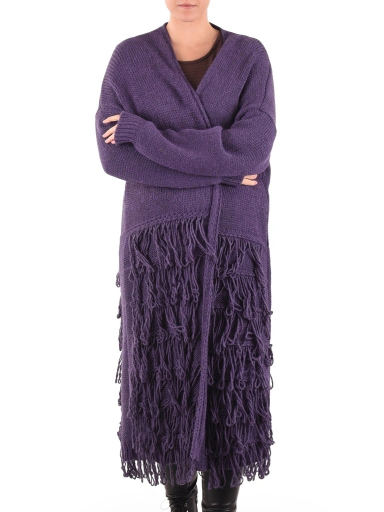 Elegancki sweter damski rozpinany w kolorze fioletowym – luźny fason z modnymi frędzlami 40461