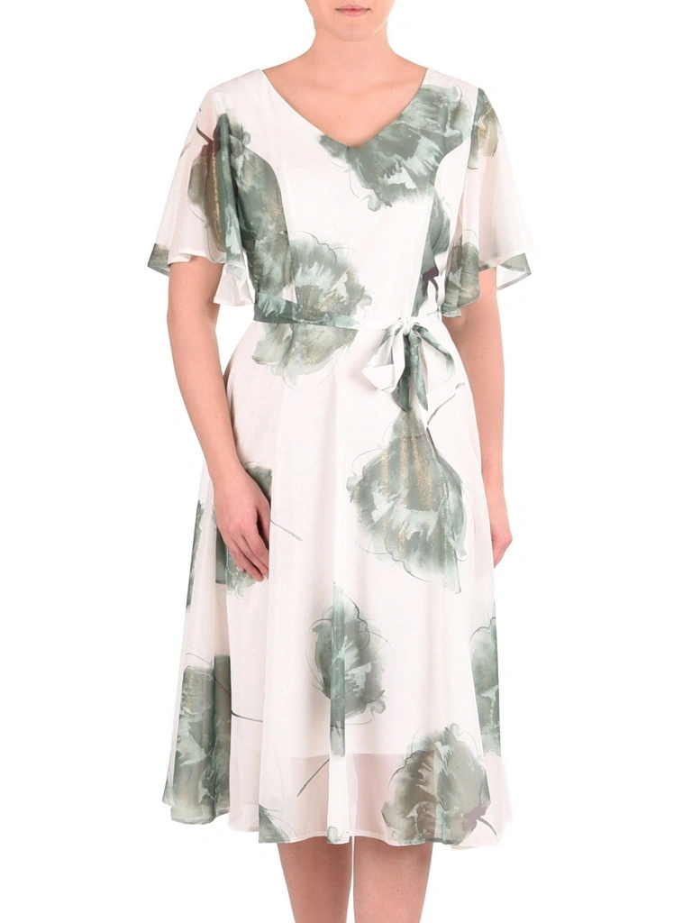 Elegancka sukienka rozkloszowana midi w kwiaty – pasek podkreślający talię i subtelny połysk 41507