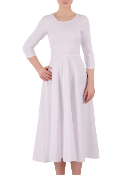 Elegancka biała sukienka wizytowa rozkloszowana midi – kobiecy fason wysmuklający sylwetkę 34990