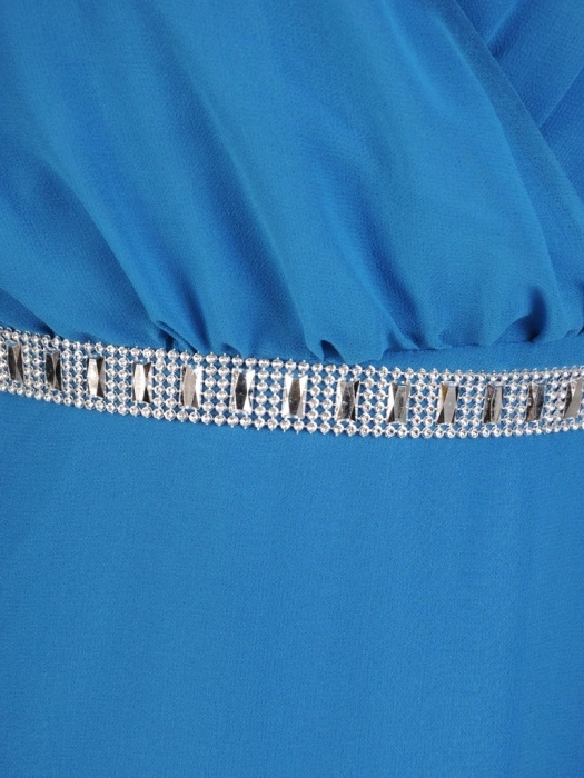 Elegancka suknia wieczorowa maxi w odcieniu morskim – kopertowy fason z bufiastym rękawem 30707