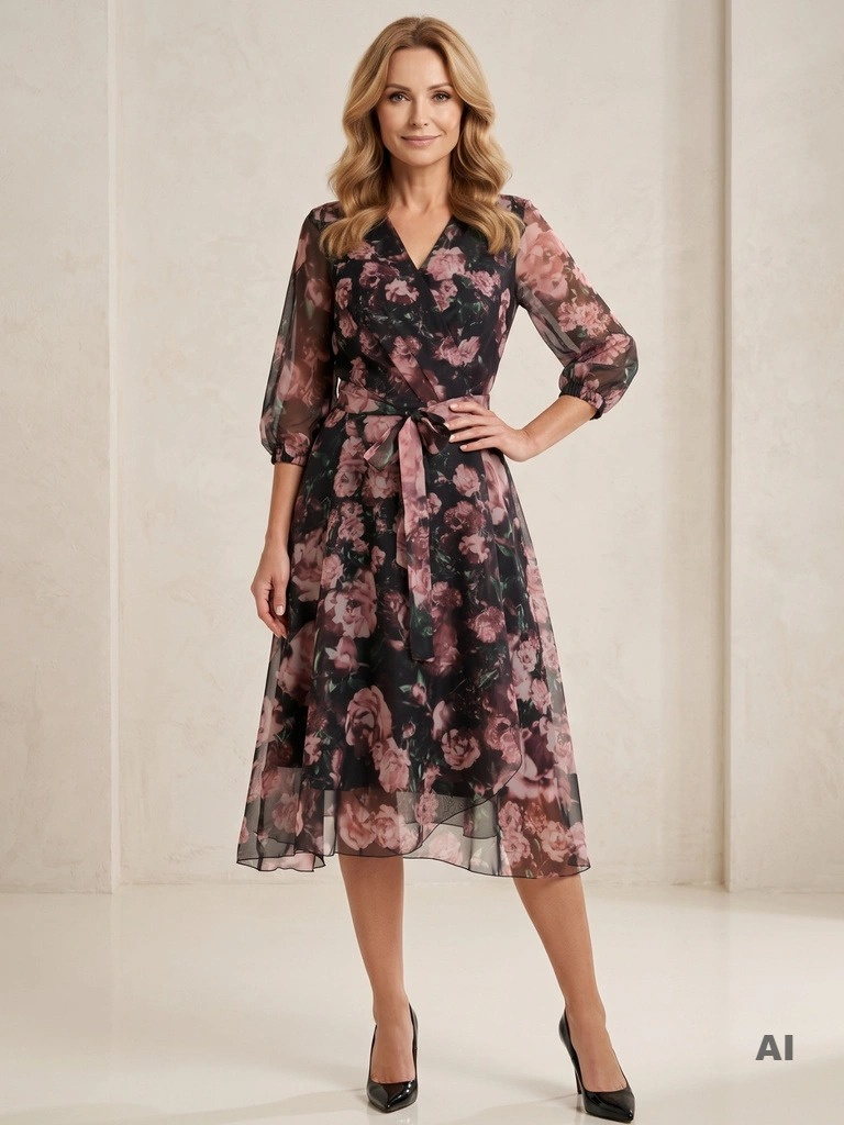Elegancka czarna sukienka w kwiaty z rękawem 3/4 – kopertowy krój akcentujący talię 26895