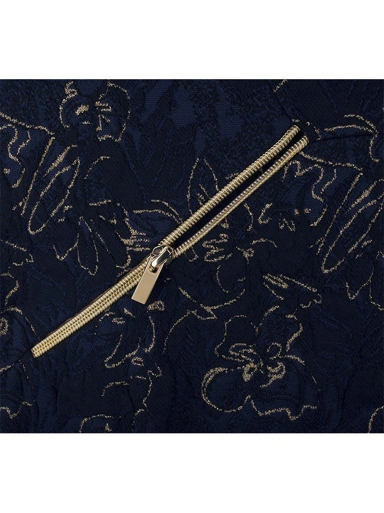 Elegancka granatowa kreacja wizytowa w złote kwiaty – prosty fason z ozdobnymi zamkami 12940