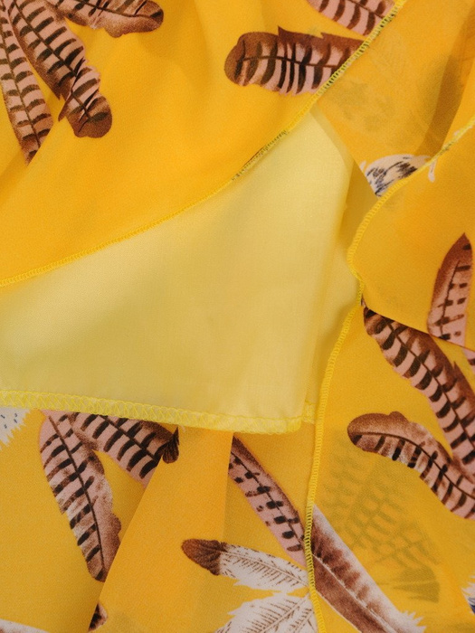 Sukienka z tkaniny, żółta kreacja w oryginalne wzory 20475.