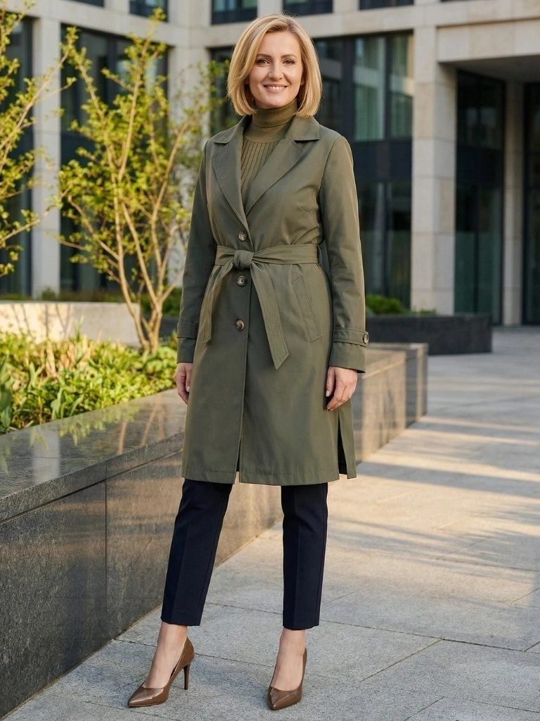 Stylowy płaszcz na jesień damski trencz khaki – kobiecy fason z paskiem modelującym sylwetkę 39409