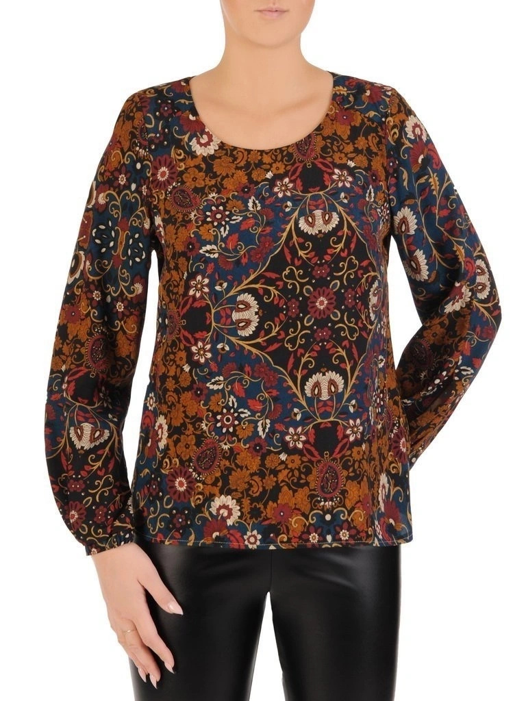 Wizytowa bluzka damska w jesienne kwiaty – prosty krój z rozcięciem na rękawach na andrzejki 27810