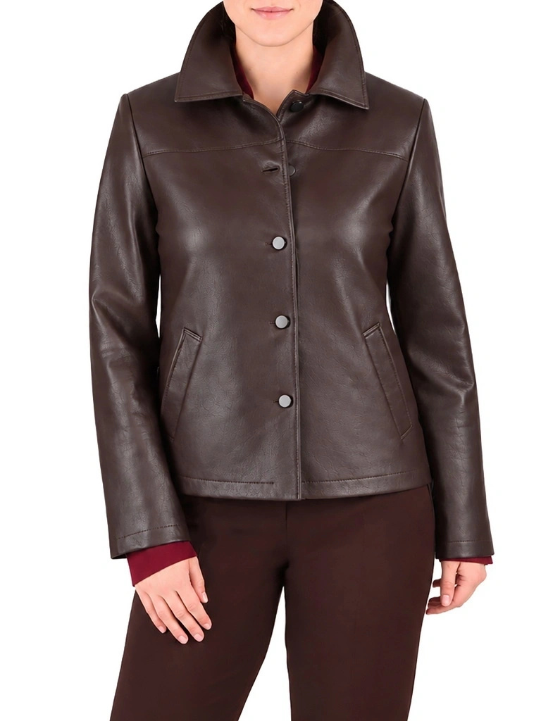 Brązowa kurtka jesienna damska zapinana na guziki – klasyczny fason na chłodniejsze dni 42462