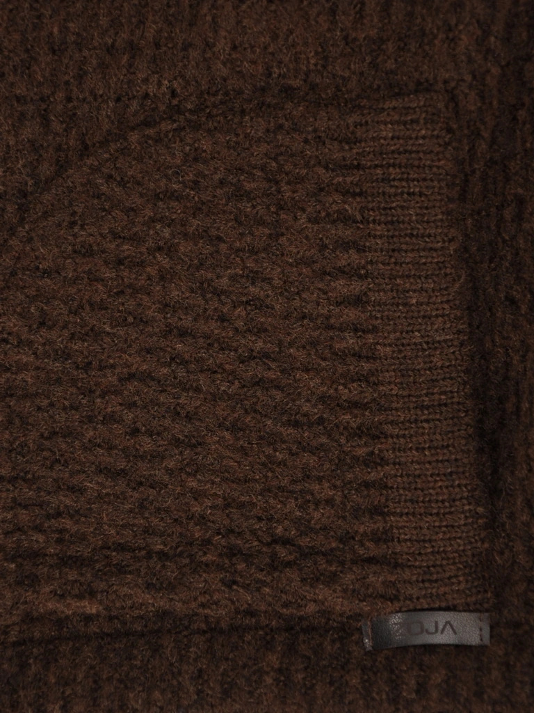 Elegancki sweter damski rozpinany w odcieniu brązu – prosty krój z kapturem i bufiastym rękawem 42174