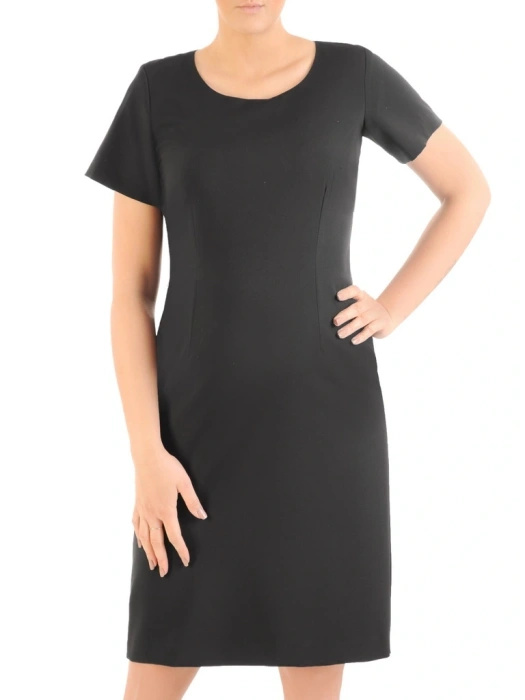 Bordowo-czarna garsonka damska z prostą sukienką midi – elegancki fason z ozdobną broszką i koronką 35008